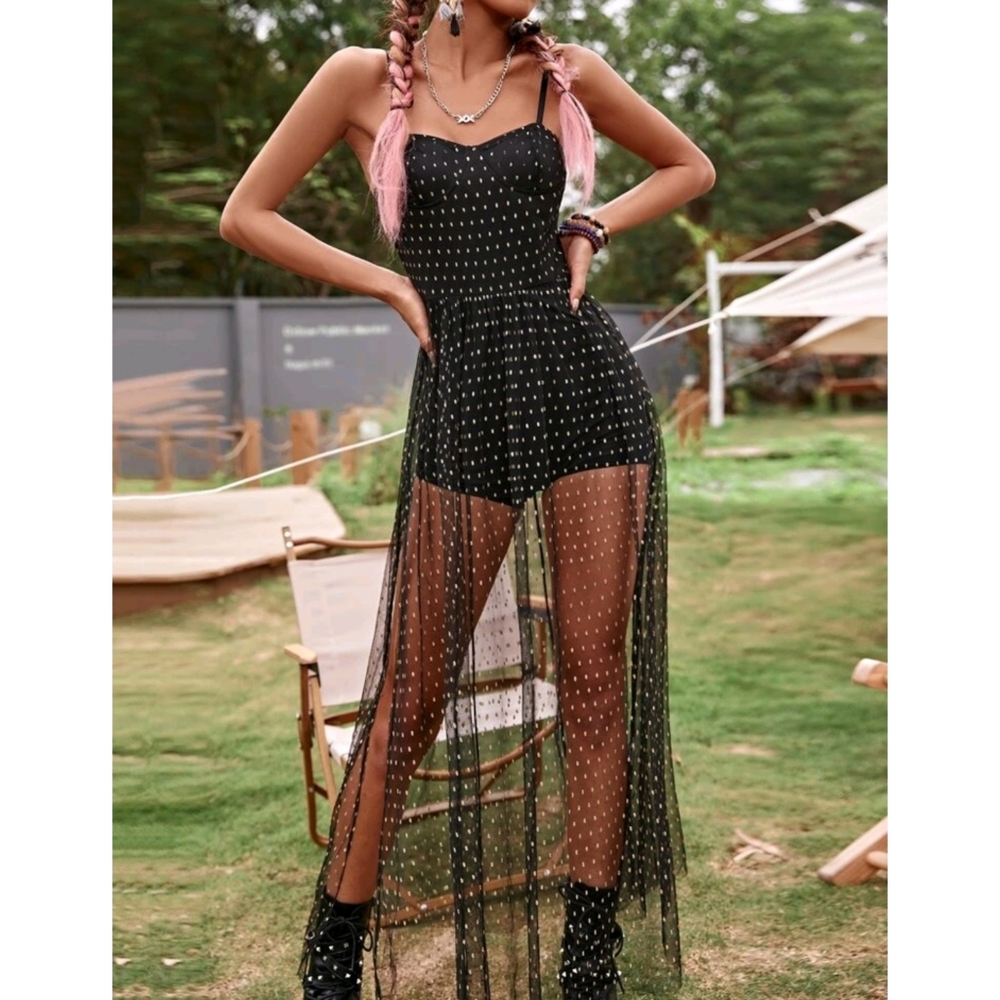 Contrast Dot Mesh Split Hem Combo Romper/Dress - Picture 5 of 7